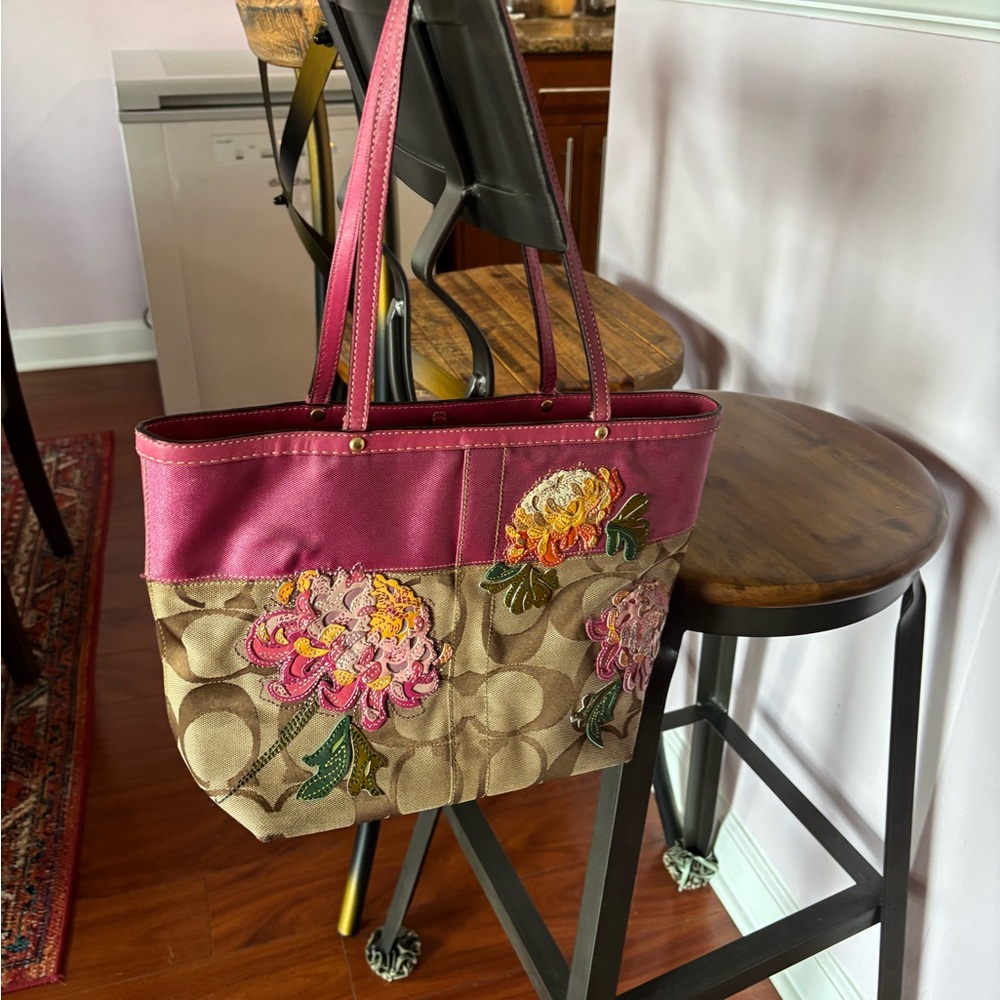 Coach Pink and Tan Floral Tote Bag